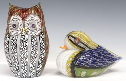 (2) MIKE HUNTER (B.1958) TWISTS STUDIO GLASS ZANFIRICO SWALLOW & OWL