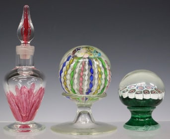 (3) ART GLASS BOTTLE & MURANO MILLEFIORI PEDESTAL PAPERWEIGHTS