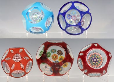 (5) ASSORTED ART GLASS OVERLAY MILLEFIORI PAPERWEIGHTS