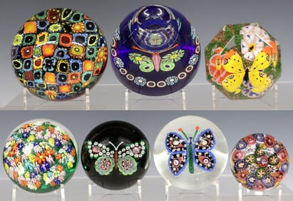 (7) ART GLASS MILLEFIORI & LAMPWORK PAPERWEIGHTS, BUTTERFLY MOTIFS