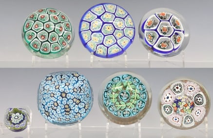(7) MURANO MILLEFIORI ART GLASS PAPERWEIGHTS