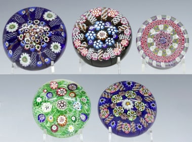 (5) STUDIO ART GLASS MILLEFIORI & FILIGREE TWIST PAPERWEIGHTS