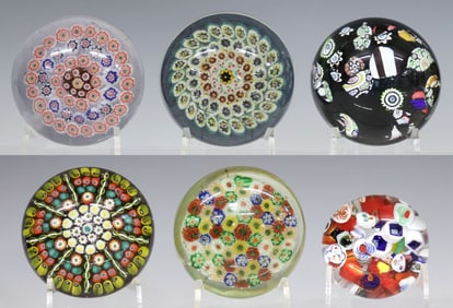 (6) ART GLASS MILLEFIORI & COMPLEX MURRINE CANE PAPERWEIGHTS