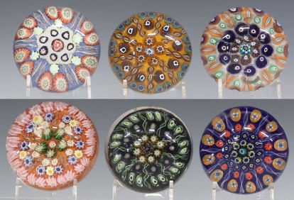 (6) ART GLASS RADIATING MILLEFIORI & FILIGREE TWIST PAPERWEIGHTS