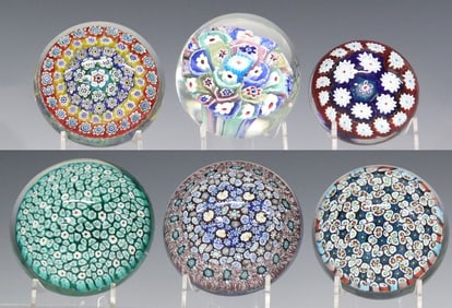 (6) ITALIAN MURANO ART GLASS CLOSE-PACK MILLEFIORI PAPERWEIGHTS