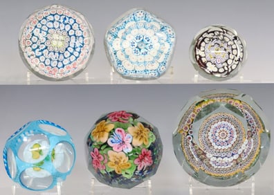(6) ART GLASS MILLEFIORI & LAMPWORKED PAPERWEIGHTS, LIKELY MURANO
