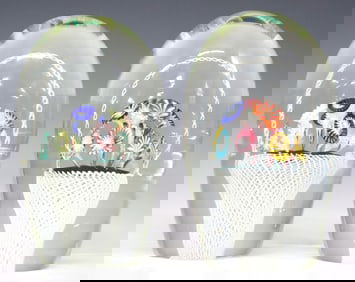 (2) LARGE MURANO ART GLASS LAMPWORK FLOWER BASKET PAPERWEIGHTS