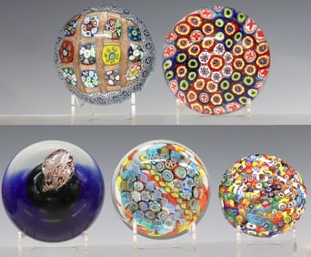 (5) MURANO ART GLASS COMPLEX CANE & APPLE-FORM PAPERWEIGHTS
