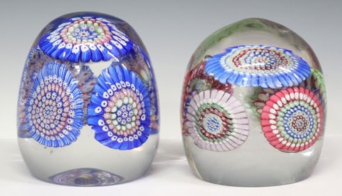 (2) LARGE ART GLASS OVOID FORM MILLEFIORI PAPERWEIGHTS