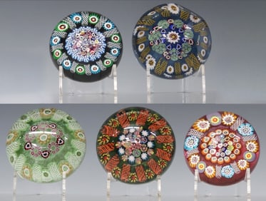 (5) STUDIO ART GLASS CONCENTRIC MILLEFIORI PAPERWEIGHTS