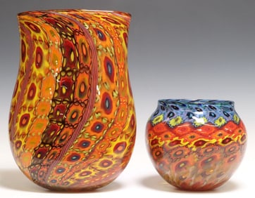 (2) JEREMY POPELKA (B.1960) STUDIO ART GLASS MUCCINI & LATTICINO VASES