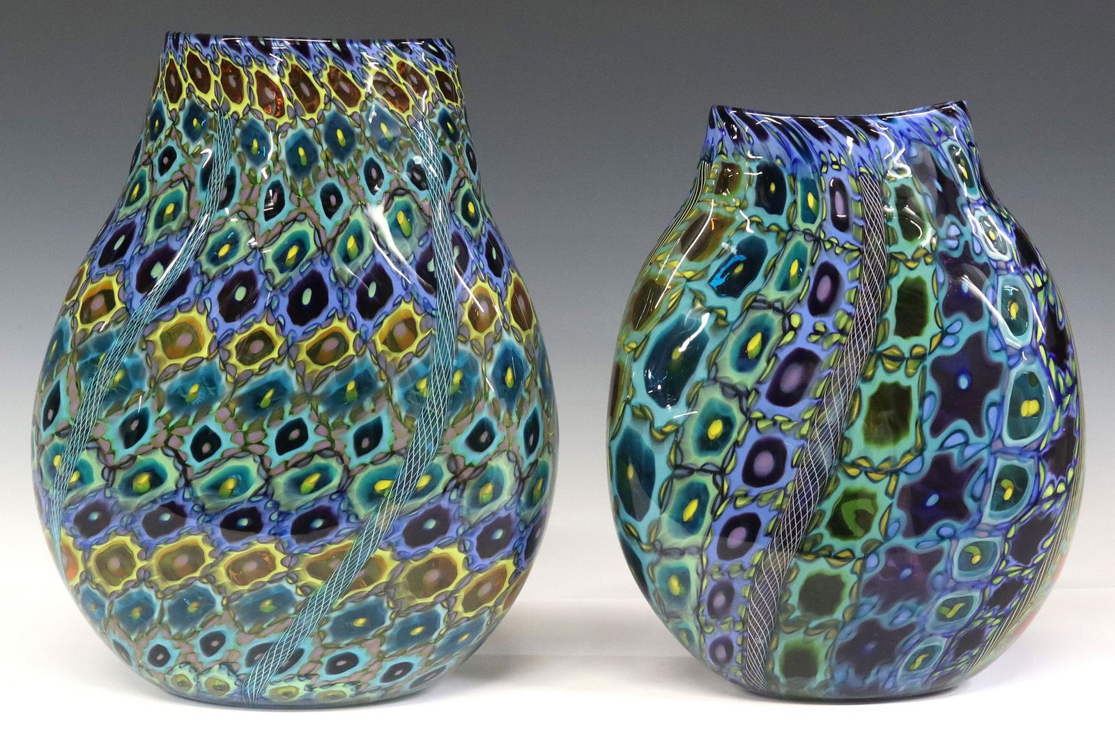 (2) JEREMY POPELKA (B.1960) STUDIO ART GLASS MURRINI & LATTICINO VASES (1 of 6)