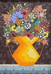 FRANCO CORSO (20TH C.) GLASS MOSAIC PLAQUE VASE OF FLOWERS