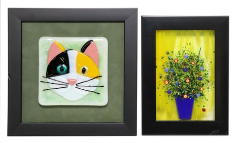 (2) FRAMED FUSED GLASS PLAQUES CAT & VASE OF FLOWERS