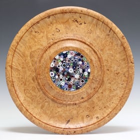 JIM BROWN (B.1949) GLASS MILLEFIORI MURRINA & BURL MAPLE CHARGER