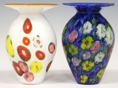 (2) LUNDBERG STUDIOS ART GLASS MILLEFIORI FLORAL PAPERWEIGHT VASES