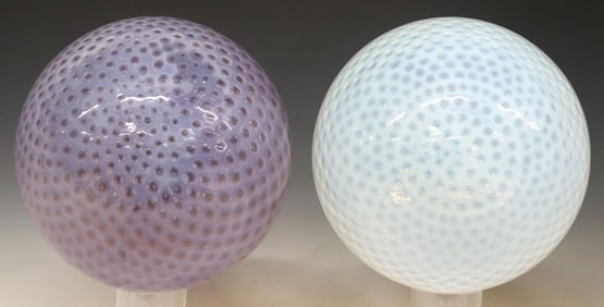 (2) LARGE OPALESCENT DIAMOND PATTERN GAZING BALLS