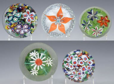 (5) ART GLASS LAMPWORK & MILLEFIORI FLORAL PAPERWEIGHTS