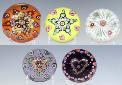 (5) ASSORTED STUDIO ART GLASS COMPLEX CANE PAPERWEIGHTS