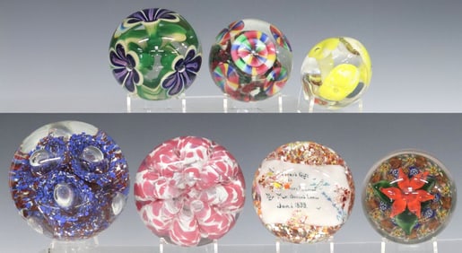 (7) ART GLASS FLORAL LAMPWORK & MILLEFIORI PAPERWEIGHTS
