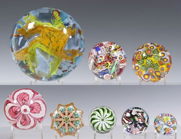 (8) ART GLASS MILLEFIORI & LAMPWORK PAPERWEIGHTS, ONE MAGNUM