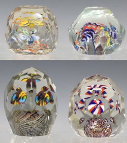 (4) BOHEMIAN CZECH ART GLASS FACETED LAMPWORK PAPERWEIGHTS