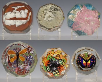 (6) BOHEMIAN ART GLASS LAMPWORK & SULPHIDE PAPERWEIGHTS