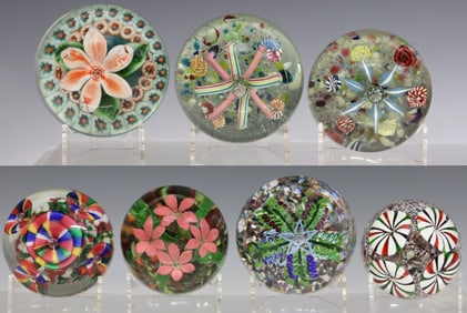(7) BOHEMIAN ART GLASS LAMPWORK & MILLEFRIORI FLORAL PAPERWEIGHTS