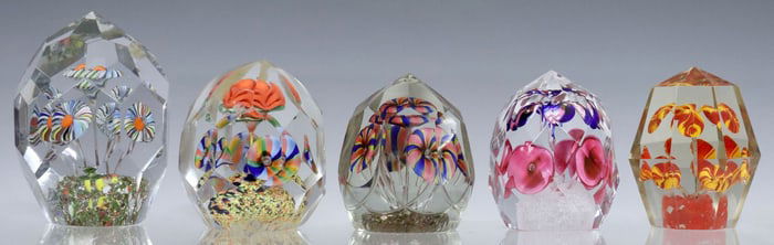 (5) BOHEMIAN ART GLASS FACETED PAPERWEIGHTS WITH LAMPWORK FLOWERS