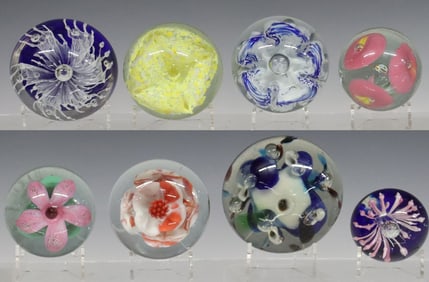 (8) COLLECTION OF STUDIO ART GLASS MULTICOLORED PAPERWEIGHTS