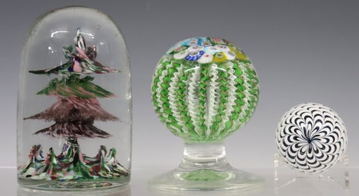 (3) ART GLASS PEDESTAL & TOWER PAPERWEIGHTS, SIGNED MARBLE