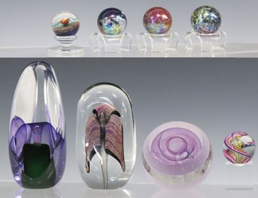 (8) ART GLASS PAPERWEIGHTS & MARBLES, (1) CHARLES KAZIUN JR. MINIATURE