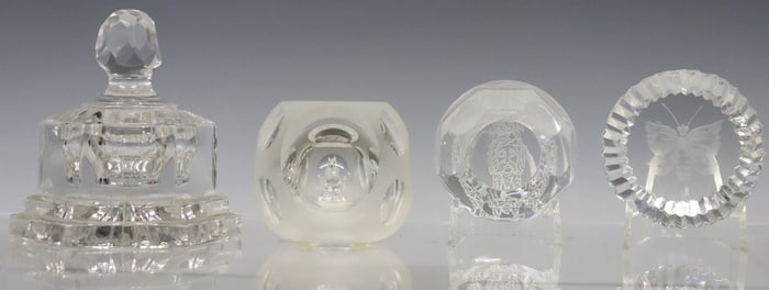 (4) PRESSED GLASS, INTAGLIO & HOLLOW LAMPWORK PAPERWEIGHTS