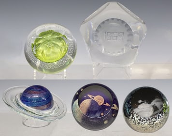 (5) GLASS EYE STUDIOS CELESTIAL SERIES & CUT GLASS PAPERWEIGHTS