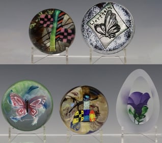 (5) STUDIO ART GLASS PAPERWEIGHTS, SIGNED WILLIAM & HANS JODI