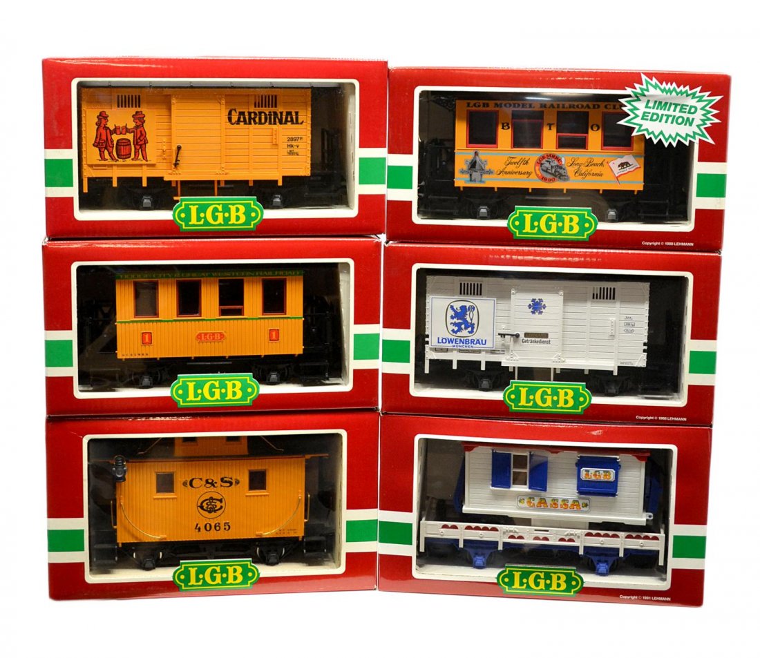 (6) LGB VARIOUS MODEL TRAIN CARS, ORIGINAL BOX: (lot of 6) LGB model train cars, G gauge, original box, most with cardboard sleeves: (1) 4065 G 01, freight; (1) 4037, freight; (1) 4034, freight; (1) 4131, freight; (1) 3006 passenger; (1) 3007 CC 01
