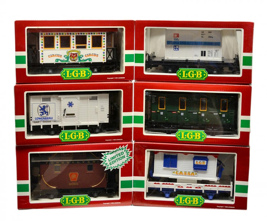 (6) LGB VARIOUS MODEL TRAIN CARS, ORIGINAL BOX: (lot of 6) LGB model train cars, G gauge, original box, most with cardboard sleeves: (1) 4065 G 01, freight; (1) 4037, freight; (1) 4065-E 03, freight; (1) 4131, freight; (1) 3036, passenger; (1) 4037