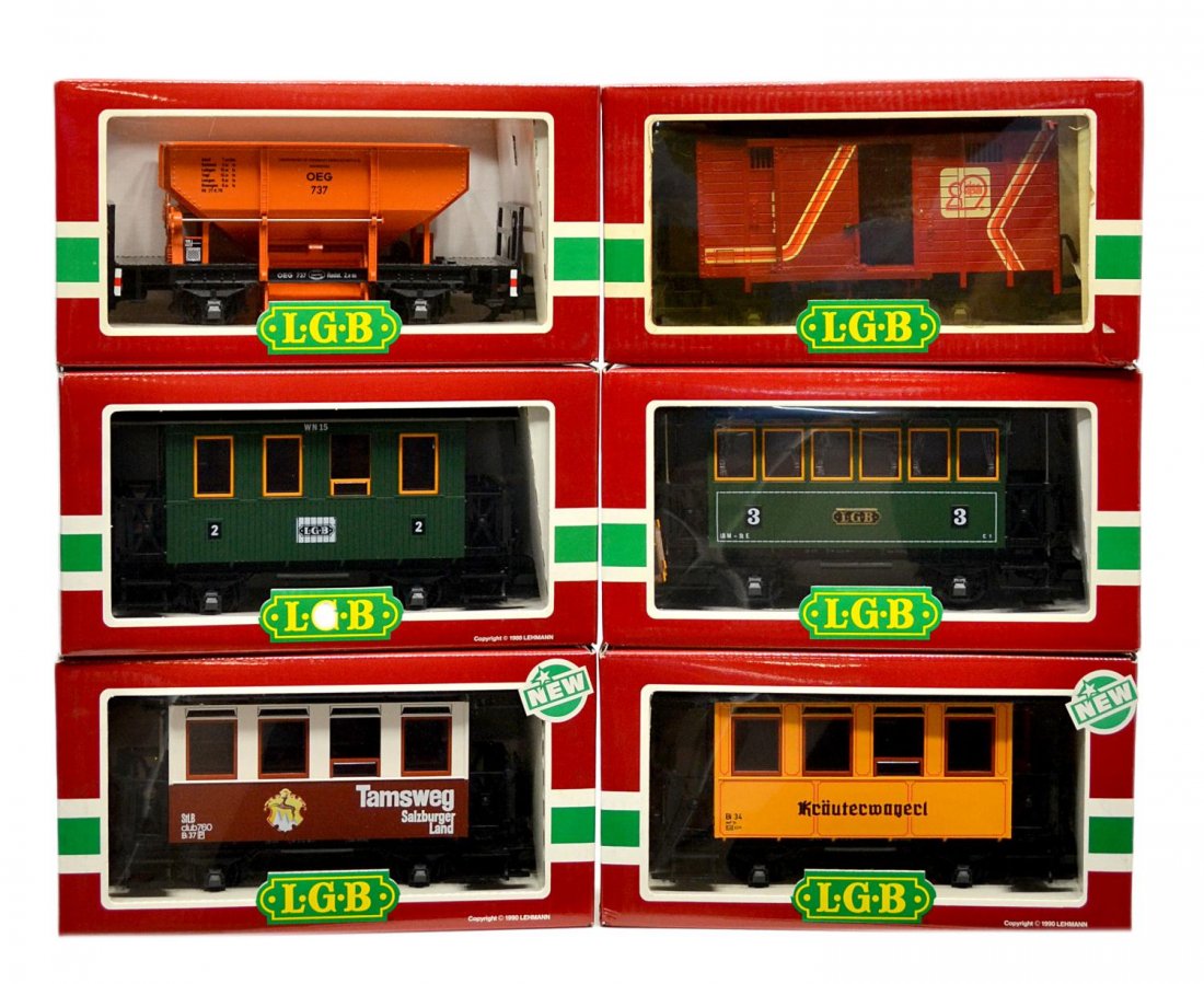 (6) LGB VARIOUS MODEL TRAIN CARS, ORIGINAL BOX: (lot of 6) LGB model train cars, G gauge, original box, most with cardboard sleeves: (1) 3407, passenger; (1) 3040, passenger; (1) 4041, freight; (1) 3106, passenger; (1) 3307, passenger; (1) 4031 FHS