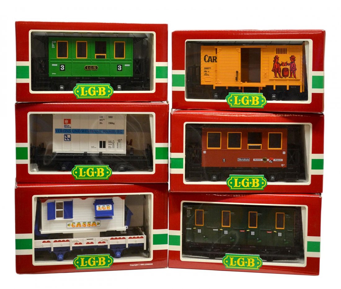 (6) LGB VARIOUS MODEL TRAIN CARS, ORIGINAL BOX: (lot of 6) LGB model train cars, G gauge, original box, most with cardboard sleeves: (1) 4037, freight; (1) 3107, passenger; (1) 3050, passenger; (1) 3010, passenger; (1) 4034, freight; (1) 4003, frei