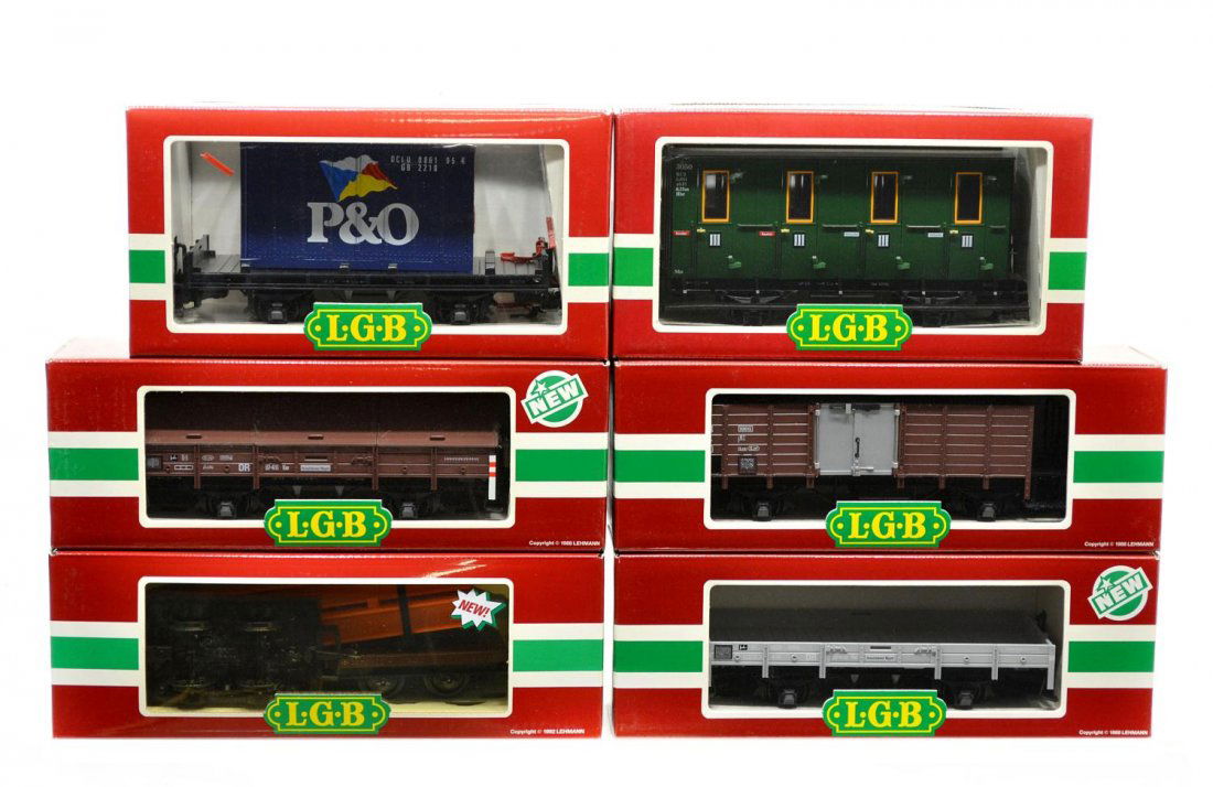 (6) LGB VARIOUS MODEL TRAIN CARS, ORIGINAL BOX: (lot of 6) LGB model train cars, G gauge, original box, most with cardboard sleeves; (1) 4103, freight; (1) 3050, passenger; (1) 4110, freight; (1) 4124, freight; (1) 4050, freight; (1) 4111, freight,