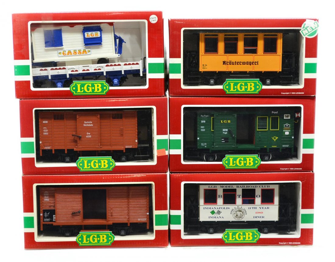 (6) LGB VARIOUS MODEL TRAIN CARS, ORIGINAL BOX: (lot of 6) LGB model train cars, G gauge, original box, most with cardboard sleeves; (1) 3007 CC, passenger; (1) 4035, freight; (1) 4037, freight; (1) 3019, passenger; (1) 3407, passenger; (1) 4030, f