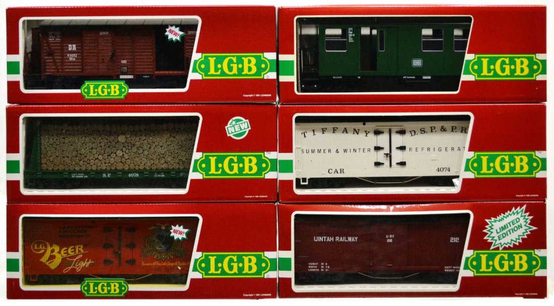 (6) LGB VARIOUS MODEL TRAIN CARS, ORIGINAL BOX: (lot of 6) LGB model train cars, G gauge, original box, most with cardboard sleeves: (1) 4263, freight; (1) 3071, passenger; (1) 4074-B02, freight; (1) 4078, freight; (1) 4067 WC, freight; (1) 4472, f