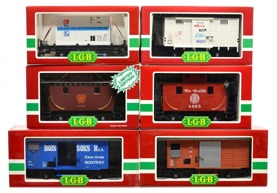 (6) LGB VARIOUS MODEL TRAIN CARS, ORIGINAL BOX: (lot of 6) LGB model train cars, G gauge, original box, several retaining cardboard sleeves: (1) 4032, freight; (1) 4003, freight; (1) 4065 E 03, freight; (1) 4065, freight; (1) 4029, freight; (1) 402