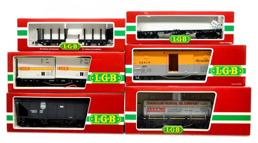 (6) LGB VARIOUS MODEL TRAIN CARS, ORIGINAL BOX: (lot of 6) LGB model train cars, G gauge, original box, several retaining cardboard sleeves: (1) 41170, freight; (1) 4069, freight; (1) 4076, freight; (1) 4080-Y 01, freight; (1) 4067-D 01, freight; (
