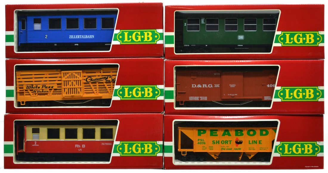 (6) LGB VARIOUS MODEL TRAIN CARS, ORIGINAL BOX: (lot of 6) LGB model train cars, G gauge, original box, several retaining cardboard sleeves: (1) 3070, passenger; (1) 3064 passenger; (1) 3163, passenger; (1) 4168, freight; (1) 4067 freight; (1) 4076