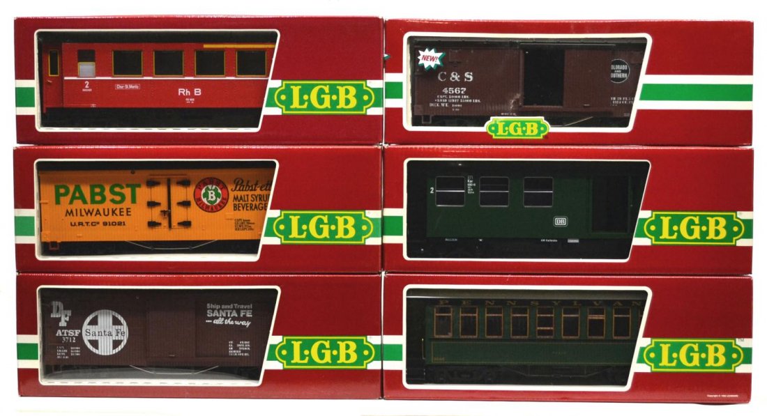 (6) LGB VARIOUS MODEL TRAIN CARS, ORIGINAL BOX: (lot of 6) LGB model train cars, G gauge, original box, several retaining cardboard sleeves: (1) 3063, passenger; (1) 3071, passenger; (1) 3080-E 01, passenger; (1) 4067-D 03, freight; (1) 4074, freig