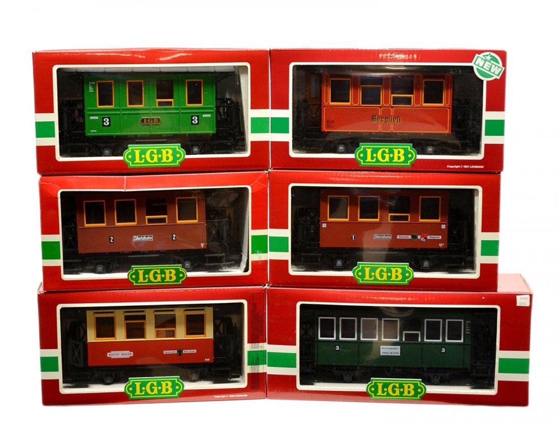 (6) LGB VARIOUS MODEL TRAIN CARS, ORIGINAL BOX: (lot of 6) LGB model train cars, G gauge, original box, several retaining cardboard sleeves: (1) 3020, passenger; (1) 3016, passenger; (1) 3107, passenger; (1) 3707, passenger; (1) 3010, passenger; (1