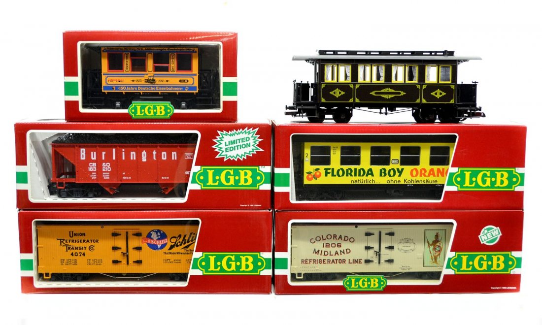 (6) LGB VARIOUS MODEL TRAIN CARS, ORIGINAL BOX: (lot of 6) LGB model train cars, G gauge, original box, some with cardboard sleeves: (1) 3061, passenger; (1) 4074-Z 02, freight; (1) 3072, passenger; (1) 4072 P-01, freight; (1) 4076-M 01, freight; (