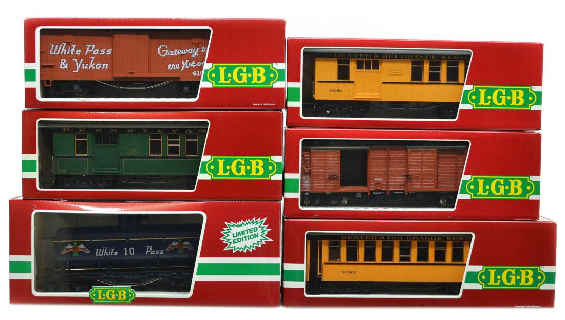 (6) LGB VARIOUS MODEL TRAIN CARS, ORIGINAL BOX: (lot of 6) LGB model train cars, G gauge, original box, some with cardboard sleeves: (1) 4080-W 01, freight; (1) 3081-E 02, passenger; (1) 4167, freight; (1) 3081, passenger; (1) 3082, passenger; (1)