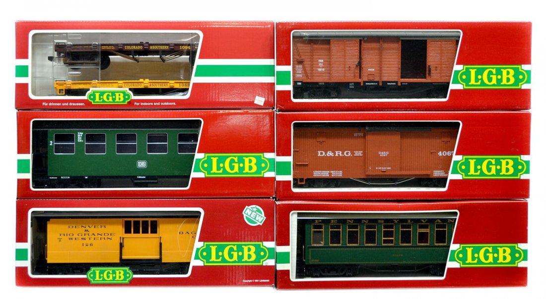 (6) LGB VARIOUS MODEL TRAIN CARS, ORIGINAL BOX: (lot of 6) LGB model train cars, G gauge, original box, some with cardboard sleeves: (1) 4067, freight; (1) 45600, freight; (1) 4063, freight; (1) 3070, passenger; (1) 3080-E 01, passenger; (1) 3084, 